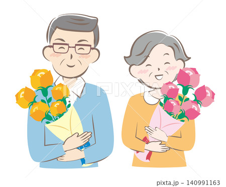 バラの花束をもらったおじいちゃんとおばあちゃん 敬老の日 バラの花束をもらったおじいちゃんとおばあちゃん 敬老の日 140991163
