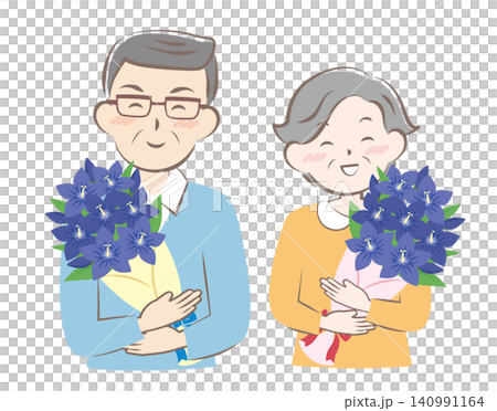 Grandpa and Grandma received a bouquet of gentian flowers on Respect for the Aged Day. 140991164