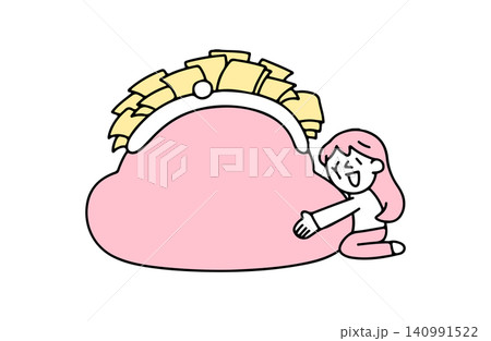 たくさんお金が入ったがま口に抱きつく若い女性のイラスト 140991522