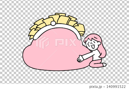 たくさんお金が入ったがま口に抱きつく若い女性のイラスト 140991522