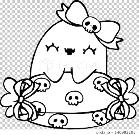 Cute Halloween Ghost Outline with Candy and Skull Bow Doodle Hand Drawing Cute Halloween Ghost Outline with Candy and Skull Bow Doodle Hand Drawing 140992105