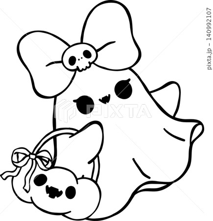 Cute Girly Ghost Halloween Outline with Pumpkin Basket  Doodle Hand Drawing 140992107