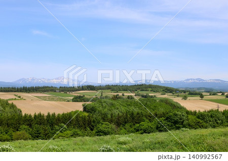 六月の北海道、春の北海道、初夏の北海道、丘のまち美瑛の北西の丘展望公演から眺める美瑛の街と十勝岳連邦 六月の北海道、春の北海道、初夏の北海道、丘のまち美瑛の北西の丘展望公演から眺める美瑛の街と十勝岳連邦 140992567