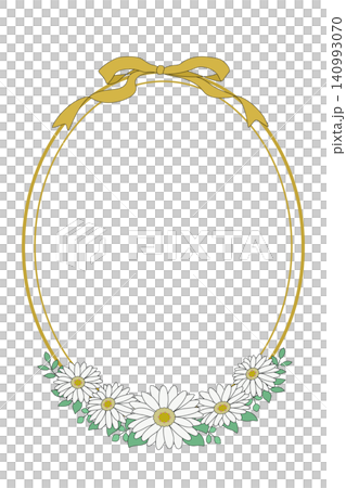 Natural oval frame with gerberas and leaves, gold, with ribbon. Natural oval frame with gerberas and leaves, gold, with ribbon. 140993070