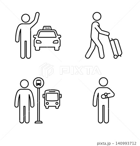 Minimalist line art stick figure icon set: hailing a taxi, pulling luggage, waiting at a bus stop, and checking the time. 140993712