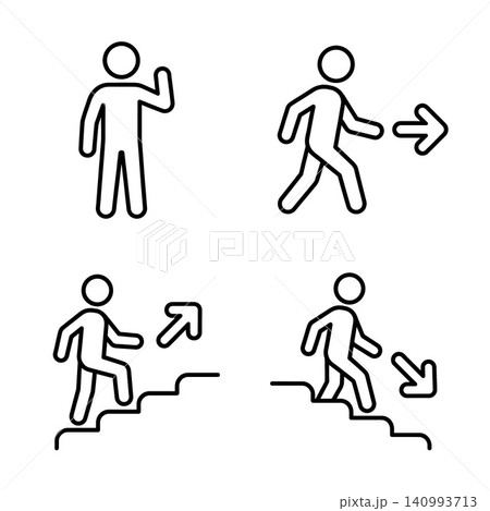 Minimalist line art stick figure icon set: waving, walking direction, ascending and descending stairs with arrows. 140993713