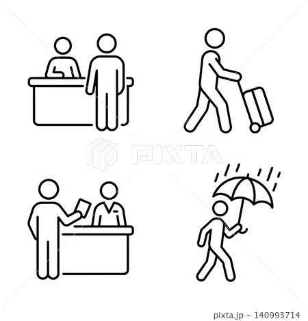 Minimalist line art stick figure icon set: reception desk, pulling luggage, checking in, and walking with an umbrella in the rain. Minimalist line art stick figure icon set: reception desk, pulling luggage, checking in, and walking with an umbrella in the rain. 140993714