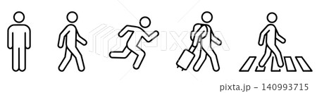 Minimalist black and white line art stick figures in various daily actions: standing, walking, running, traveling with luggage, and crossing a street. Minimalist black and white line art stick figures in various daily actions: standing, walking, running, traveling with luggage, and crossing a street. 140993715