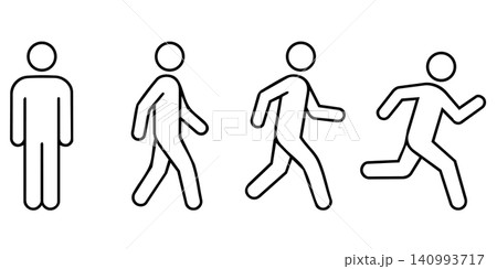 Minimalist black and white line art stick figures showing the progression of movement: standing, walking, jogging, and running. Minimalist black and white line art stick figures showing the progression of movement: standing, walking, jogging, and running. 140993717