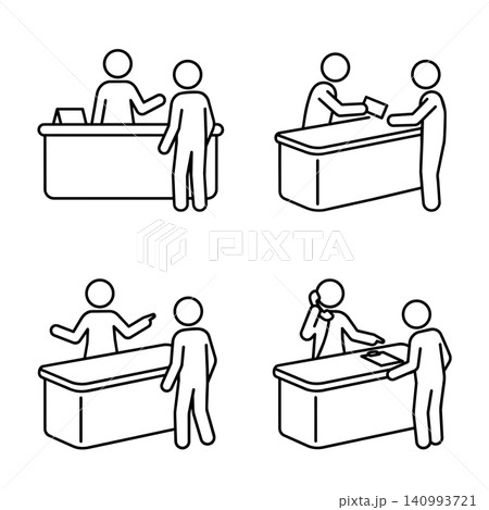 Minimalist black and white line art pictograms of customer service and reception desk interactions. Minimalist black and white line art pictograms of customer service and reception desk interactions. 140993721