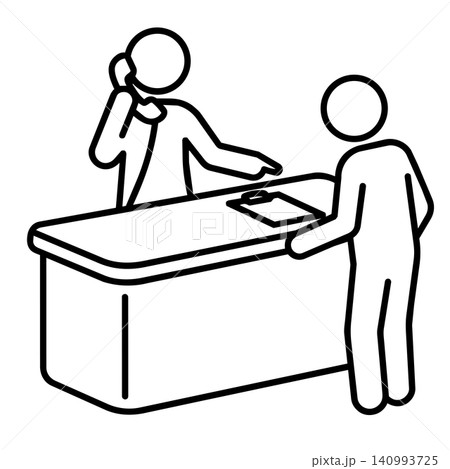 Customer service receptionist on phone call assisting client at counter, minimalist line art icon. 140993725