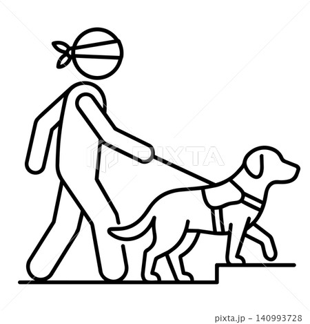 Line art icon of a blind person walking with a guide dog climbing stairs Line art icon of a blind person walking with a guide dog climbing stairs 140993728