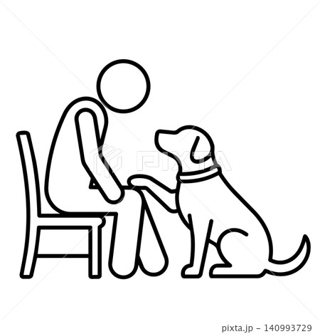 Line art icon of a person sitting on a chair interacting with a loyal dog for comfort Line art icon of a person sitting on a chair interacting with a loyal dog for comfort 140993729