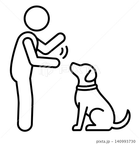 Line art icon of a person training or interacting with a dog using hand signals Line art icon of a person training or interacting with a dog using hand signals 140993730