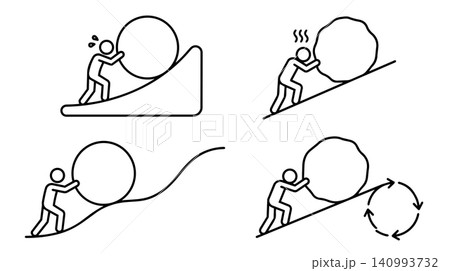 Sisyphus Pushing Boulder Uphill Stick Figure Line Icon Set Concept 140993732