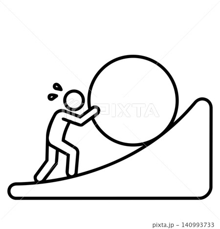 Line art icon of a person pushing a heavy stone up a steep hill symbolizing extreme challenge and persistence 140993733