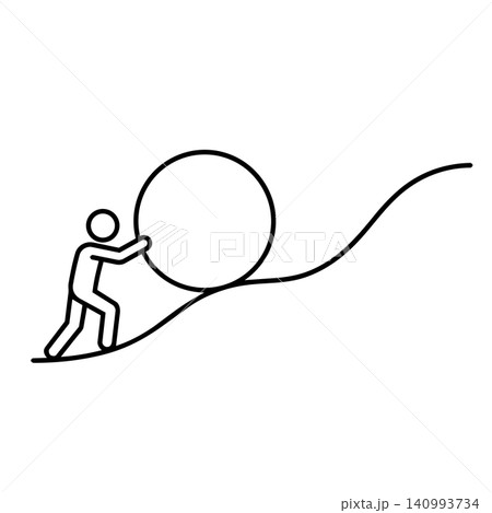 Line art icon of a person pushing a heavy stone on a wavy uphill path symbolizing persistence and challenges Line art icon of a person pushing a heavy stone on a wavy uphill path symbolizing persistence and challenges 140993734