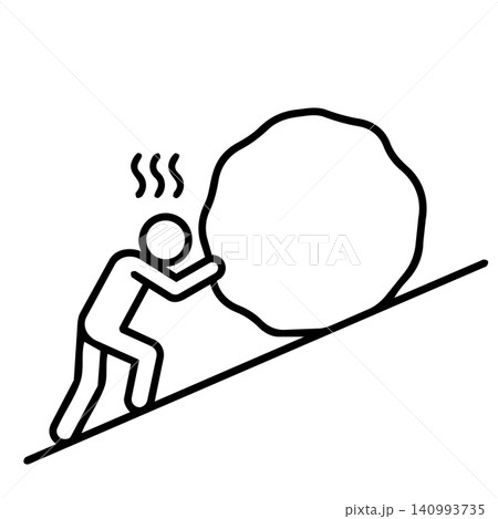 Line art icon of a person pushing a heavy stone uphill symbolizing Sisyphus and persistent effort 140993735