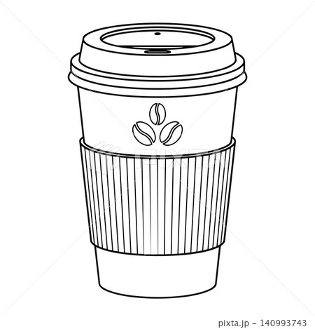 Minimalist black and white line art of a single takeaway coffee paper cup with a lid, corrugated sleeve, and coffee bean logo. Minimalist black and white line art of a single takeaway coffee paper cup with a lid, corrugated sleeve, and coffee bean logo. 140993743