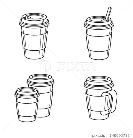 Minimalist black and white line art set of takeaway coffee paper cups with lids and sleeves, including stirrer and handle variations. 140993752