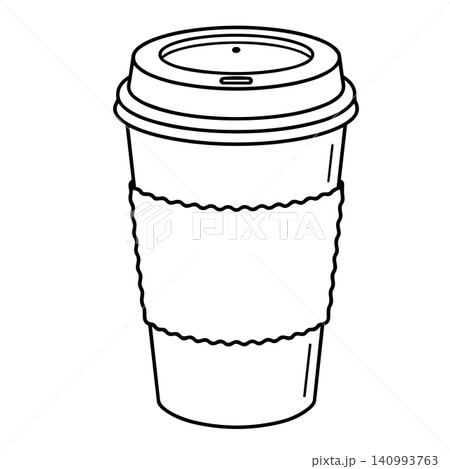 Minimalist black and white line art of a single takeaway coffee paper cup with a lid and a wavy edge blank sleeve. Minimalist black and white line art of a single takeaway coffee paper cup with a lid and a wavy edge blank sleeve. 140993763