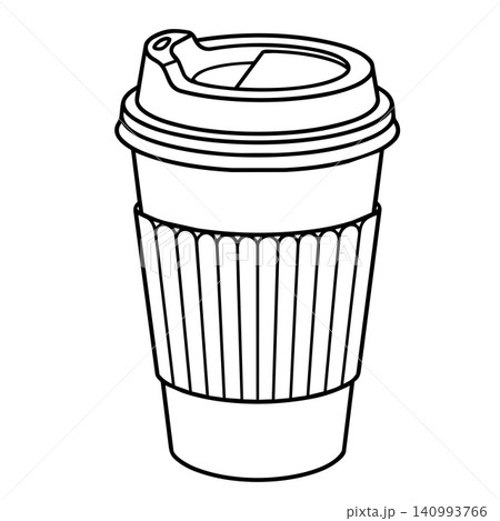 Minimalist black and white line art of a single takeaway coffee paper cup with a lid and scalloped corrugated sleeve. Minimalist black and white line art of a single takeaway coffee paper cup with a lid and scalloped corrugated sleeve. 140993766