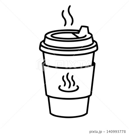 Hot Takeaway Coffee Paper Cup with Sleeve and Open Lid Line Art Vector Hot Takeaway Coffee Paper Cup with Sleeve and Open Lid Line Art Vector 140993778