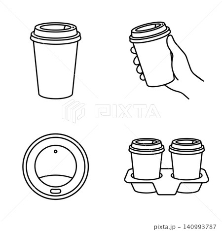 Takeaway Coffee Paper Cup and Cup Carrier Line Icon Set Takeaway Coffee Paper Cup and Cup Carrier Line Icon Set 140993787
