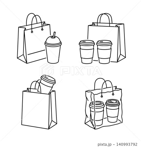 Coffee cups and paper shopping bags line art vector icon set. Takeaway food delivery and cafe takeout concepts. Coffee cups and paper shopping bags line art vector icon set. Takeaway food delivery and cafe takeout concepts. 140993792