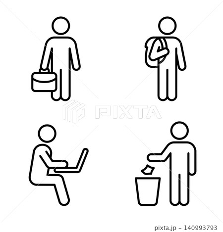 Stick Figure Daily Routine, Work, and Lifestyle Line Icon Set 140993793