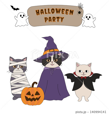 ハロウィンコスチュームを着た3匹の猫のイラスト Halloween Partyの看板 ハロウィンコスチュームを着た3匹の猫のイラスト Halloween Partyの看板 140994141