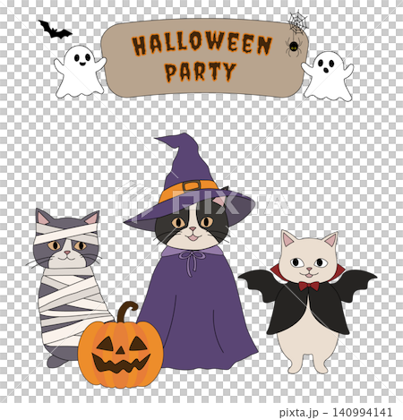 ハロウィンコスチュームを着た3匹の猫のイラスト Halloween Partyの看板 ハロウィンコスチュームを着た3匹の猫のイラスト Halloween Partyの看板 140994141
