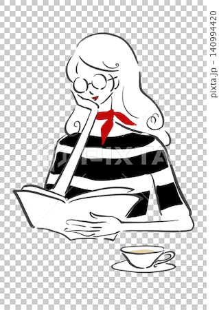一幅線條畫，描繪了一位身穿條紋襯衫的女子在咖啡館裡閱讀——巴黎人 140994420