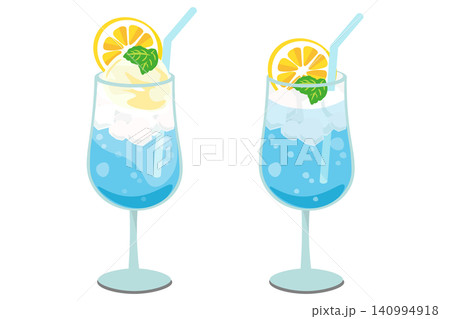 ブルーハワイのクリームソーダとソーダ水のイラストセット（レモン・ミント添え） 140994918