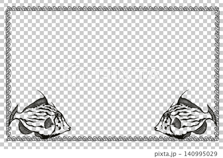 A black and white illustration of a filefish in a square, paper-cut style frame. A black and white illustration of a filefish in a square, paper-cut style frame. 140995029