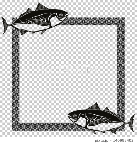 一幅單色插圖,描繪了一條竹莢魚,裝裱在日式剪紙風格的方形圖案邊框內。 一幅單色插圖,描繪了一條竹莢魚,裝裱在日式剪紙風格的方形圖案邊框內。 140995402
