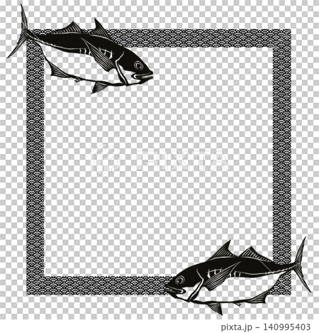 竹莢魚(竹莢魚)單色剪紙風格方形日式圖案畫框材料 竹莢魚(竹莢魚)單色剪紙風格方形日式圖案畫框材料 140995403