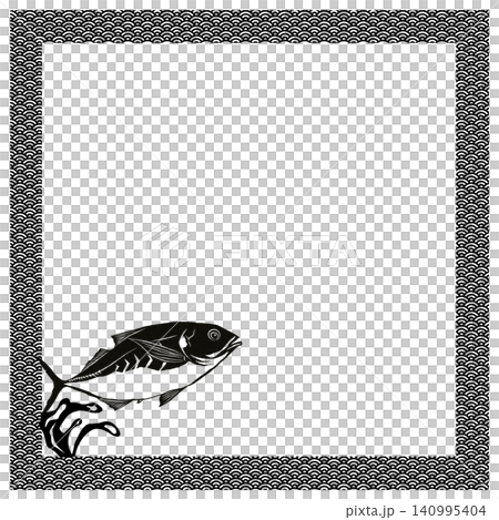 以竹莢魚為設計元素的方形裝飾邊框插圖。 以竹莢魚為設計元素的方形裝飾邊框插圖。 140995404