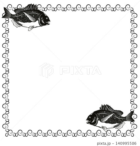 和柄と高級魚の真鯛ペアのワンポイントが入った四角い飾り枠イラスト 140995586