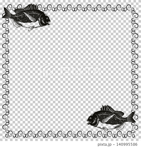 和柄と高級魚の真鯛ペアのワンポイントが入った四角い飾り枠イラスト 140995586