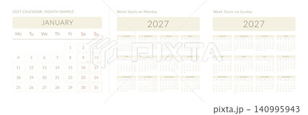 Annual 2027 Calendar Template with Monday and Sunday Week Start Options Annual 2027 Calendar Template with Monday and Sunday Week Start Options 140995943