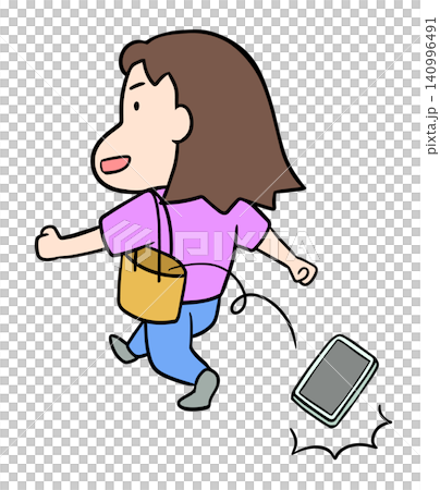 下げたバッグからスマホが落ちる瞬間、コミカル女性の後ろ姿のイラスト 下げたバッグからスマホが落ちる瞬間、コミカル女性の後ろ姿のイラスト 140996491