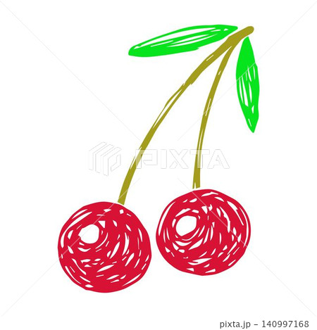 Bright color vector illustration. Two red cherries on a branch, green leaves. For prints, sticker, label. Cherry products, garden fruits, berries. Bright color vector illustration. Two red cherries on a branch, green leaves. For prints, sticker, label. Cherry products, garden fruits, berries. 140997168