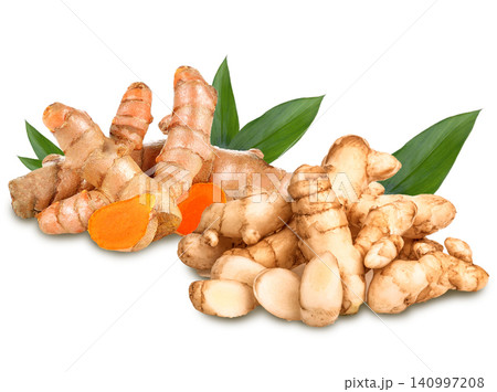 Yellow Turmeric and White Turmeric Herbs with Natural Health Benefits on white background. Yellow Turmeric and White Turmeric Herbs with Natural Health Benefits on white background. 140997208