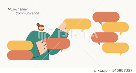 Flat vector illustration of woman surrounded by colorful speech bubbles representing multichannel communication and messaging. Flat vector illustration of woman surrounded by colorful speech bubbles representing multichannel communication and messaging. 140997387