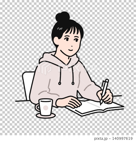 簡單的向量插圖，描繪了一位頭髮紮起來的年輕女子正在筆記本上寫作。 140997619