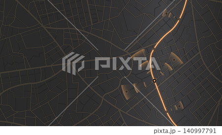 Dark digital city map with glowing route and wireless signal arcs Dark digital city map with glowing route and wireless signal arcs 140997791