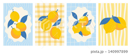 Lemon Fruit with Patterned Panels Illustration Set. Juicy lemons with leaves poster set. Mediterranean illustration. 140997899