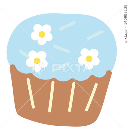 Illustration of pastel blue cream cupcake with flower cookies for sweet dessert, cafe, restaurant, menu, recipe, baking, sticker, cartoon character, mascot, comic, plush toy, brunch, birthday card 140998139