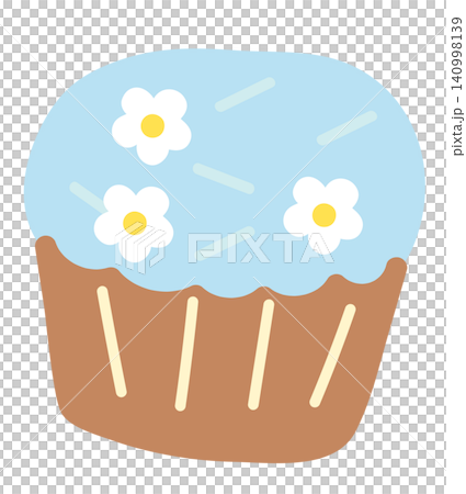 Illustration of pastel blue cream cupcake with flower cookies for sweet dessert, cafe, restaurant, menu, recipe, baking, sticker, cartoon character, mascot, comic, plush toy, brunch, birthday card 140998139